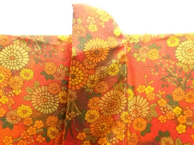  未使用品　縮緬地 枝梅に菊模様小紋着物